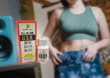 A woman showing off her stomach with a purity labs product