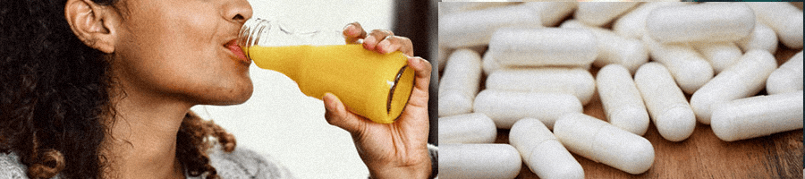 Woman drinking a detox drink; pills scattered on table
