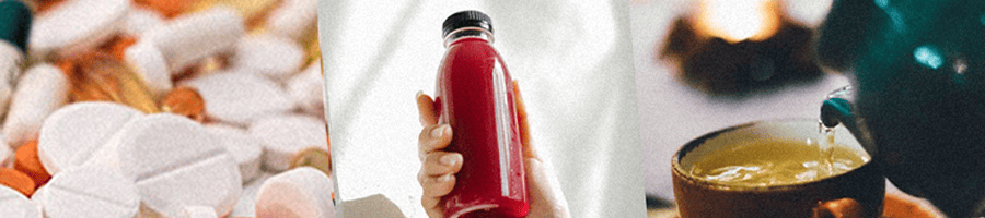 Certain pills, cranberry juice and ginger tea collage