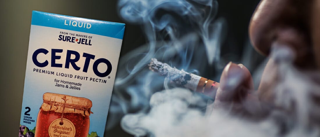 A person puffing a smoke and Certo pack