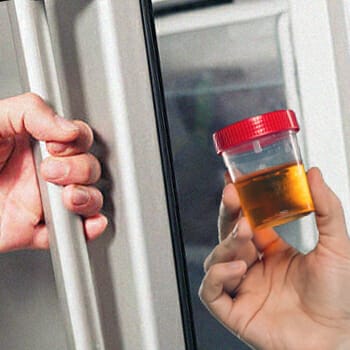 Opening a fridge and holding a synthetic urine