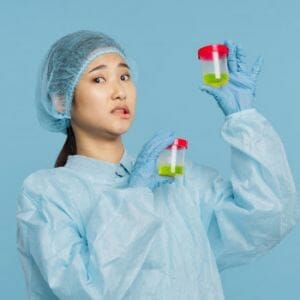 A female Medtech holding up two urine samples