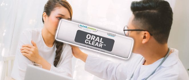 Oral Clear Gum with a doctor and patient in the background