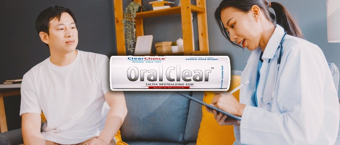 Saliva Neutralizing Gum - Is Oral Clear a Top Choice? Oral Clear Gum with two people at the background