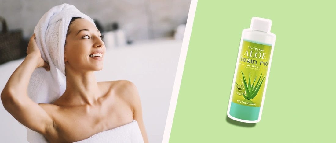 Old Style Aloe Toxin Rid Shampoo Review (2025) What we Found A woman in a towel and old style aloe toxin rid