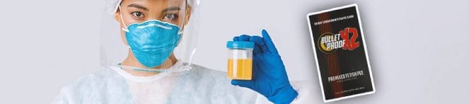 A doctor holding urine sample with Bulletproof X2 at the side