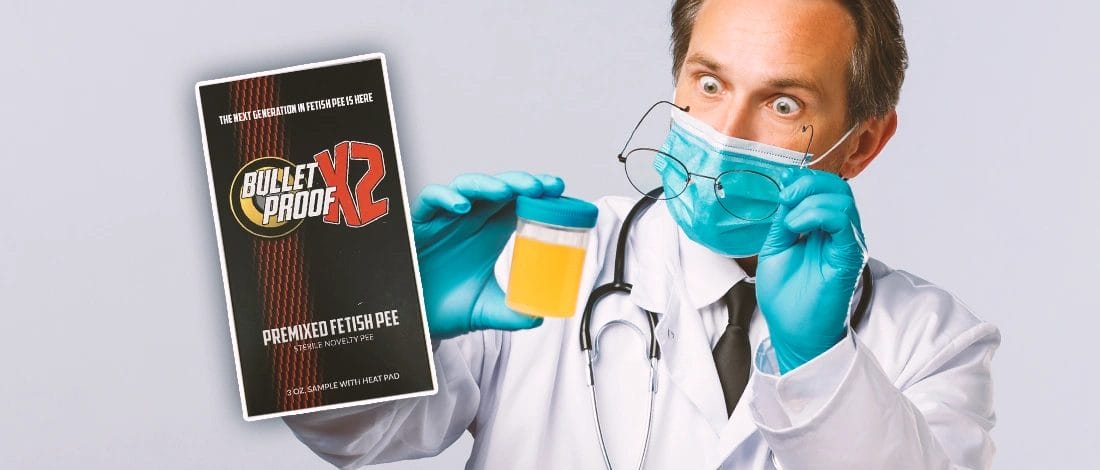 Bulletproof x2 Synthetic Urine Review (2025) Tried & Tested A doctor looking at a urine sample with Bulletproof X2 on the side