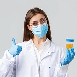 A woman holding a jar of urine while showing a thumbs up