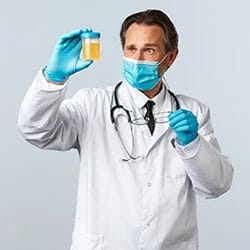 A doctor inspecting a jar filled with urine
