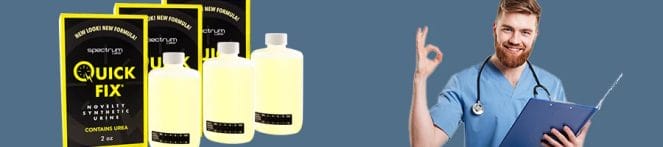 An image of Quick Fix 6.2 synthetic urine with male doctor at the side