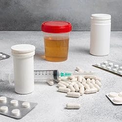 An image of medicines, syringe, and a jar filled with urine