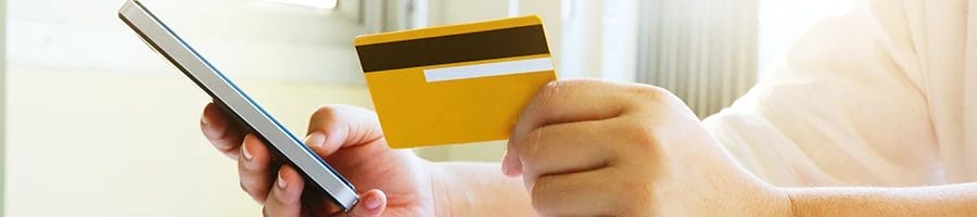 An image of a person ordering online while holding a credit card