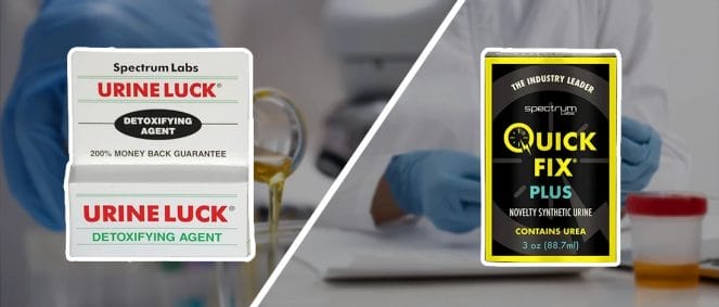Comparison image of Urine Luck and Quick Fix synthetic urine