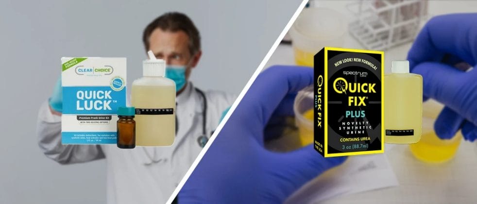 A comparison image of Quick Luck and Quick Fix synthetic urine