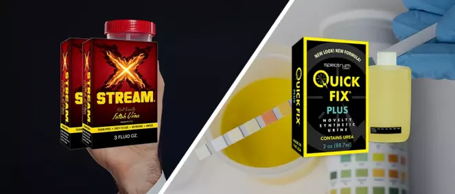 A comparison image of Xstream and Quick Fix synthetic urine