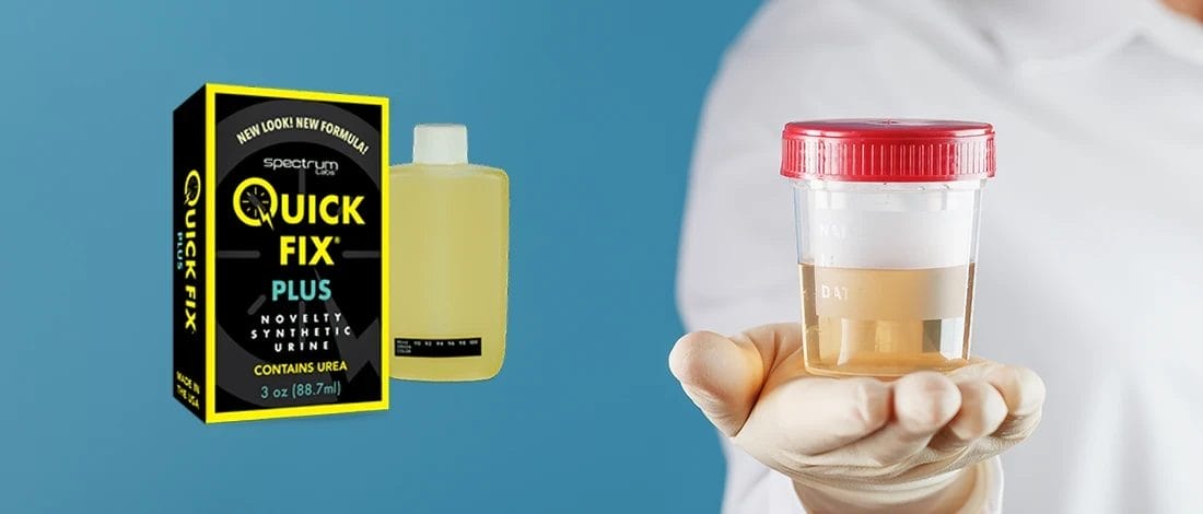 A doctor a holding a jar of urine and a Quick Fix synthetic urine product