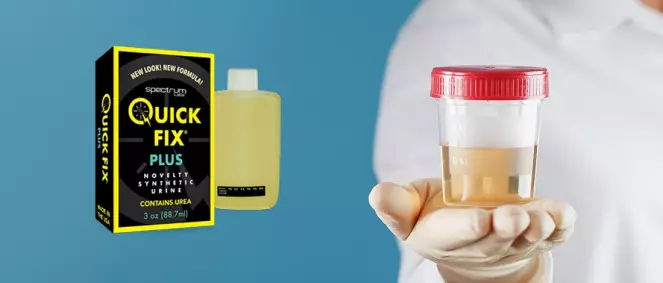 A doctor a holding a jar of urine and a Quick Fix synthetic urine product